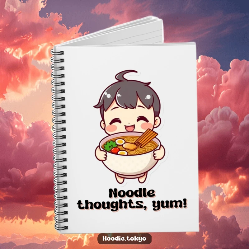Funny cheerful ramen character notebook cover, smiling and offering a bowl of ramen.