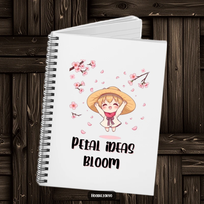 Funny notebook with a kawaii character in a hat, joyfully catching falling cherry blossom petals, perfect for capturing notes and creative ideas whimsically.