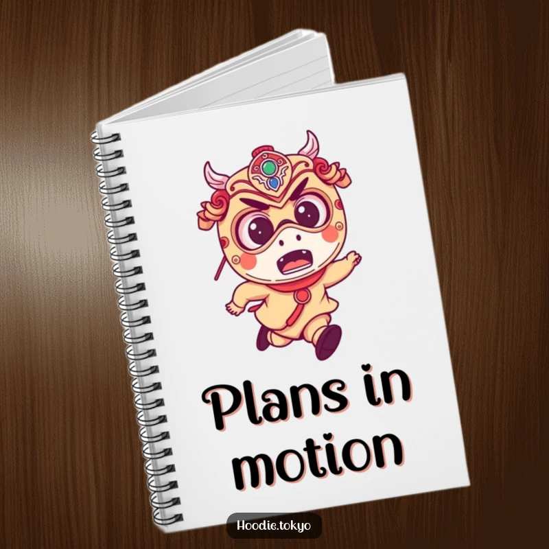 Funny notebook with a mischievous character, big excited eyes, wearing a Japanese festival mask and running.