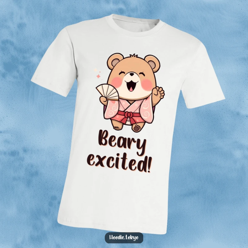 Funny Bear Kimono T-Shirt: A cheerful bear in a kimono waves a fan energetically, making it a fun and expressive statement piece.