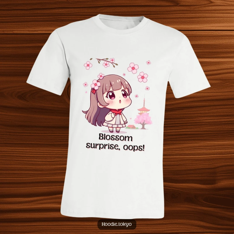 Funny surprised Tokyo character t-shirt, eyes wide looking at beautifully floating cherry blossoms.