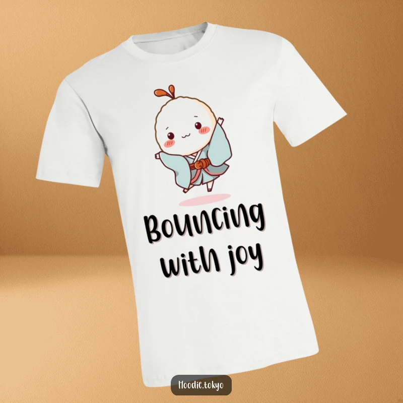 Funny Rice Ball Kimono T-Shirt: A tiny, cute rice ball character in a kimono hops playfully, radiating joy and humor.