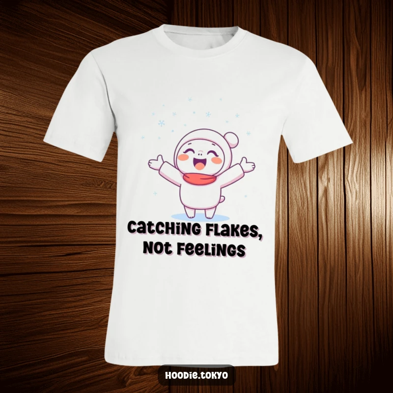 Funny Snow Catcher T-Shirt with a happy character catching snowflakes with open arms, symbolizing winter joy.