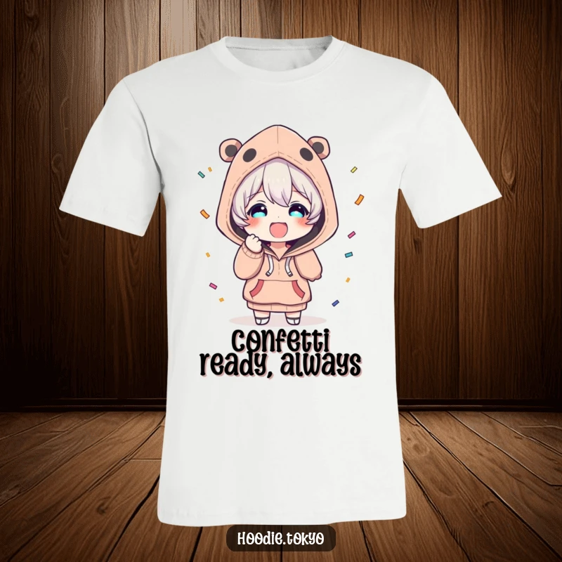 Funny t-shirt depicting a character in a unique hoodie joyfully throwing confetti, with a look of sheer delight on their face.