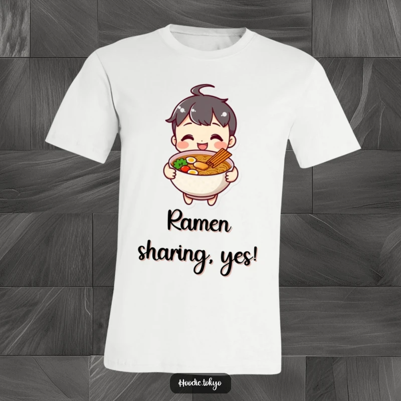 Funny cheerful ramen character t-shirt, smiling and presenting a steaming bowl of ramen.