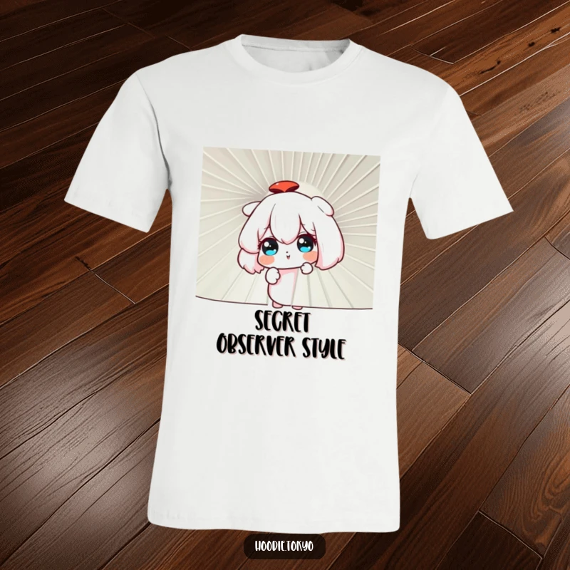 Funny curious character peeking through a huge ornate fan, anime inspired, a mysterious t-shirt design.