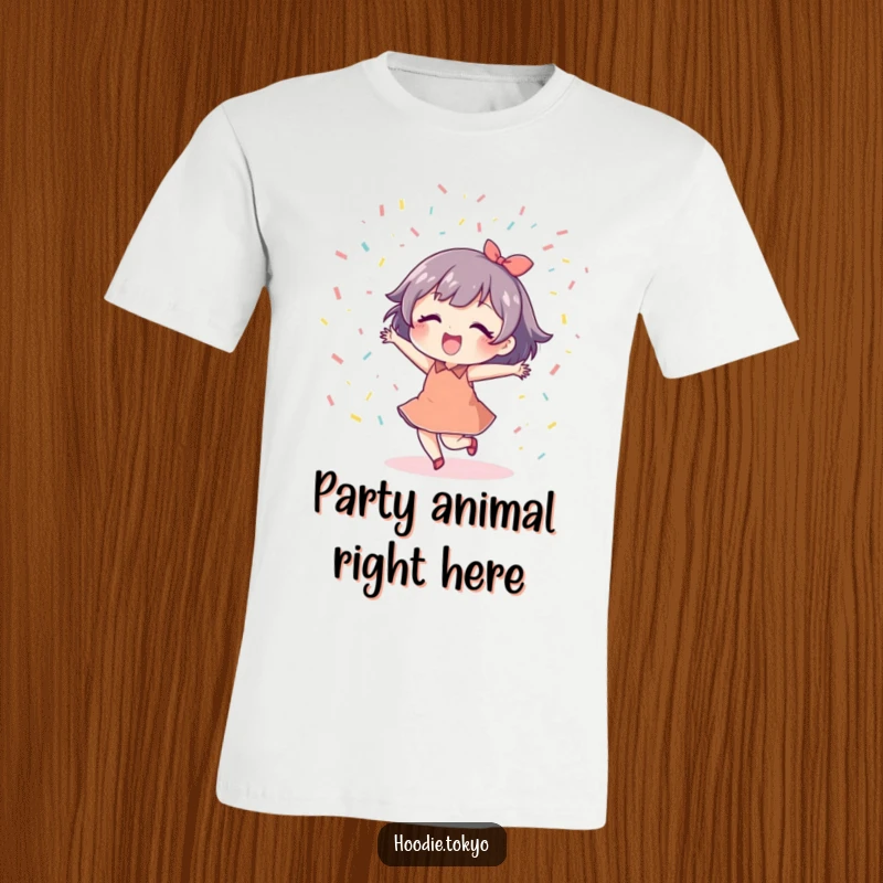 Funny Dancing Confetti T-Shirt featuring a cute character happily dancing under a festive explosion of confetti, full of life.