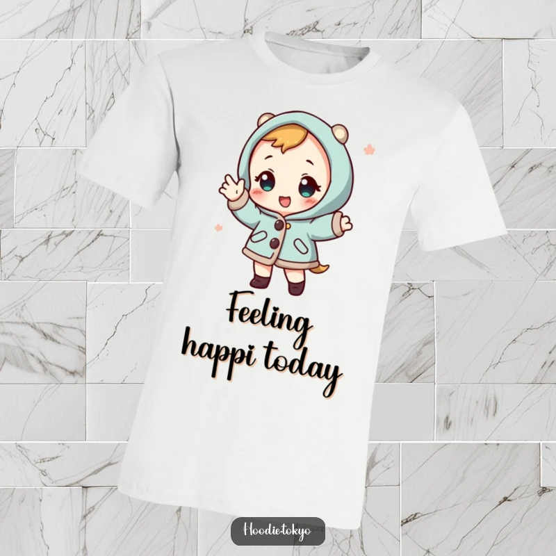 Funny cute character wearing a colorful happi coat, striking a dynamic and playful pose on a t-shirt.