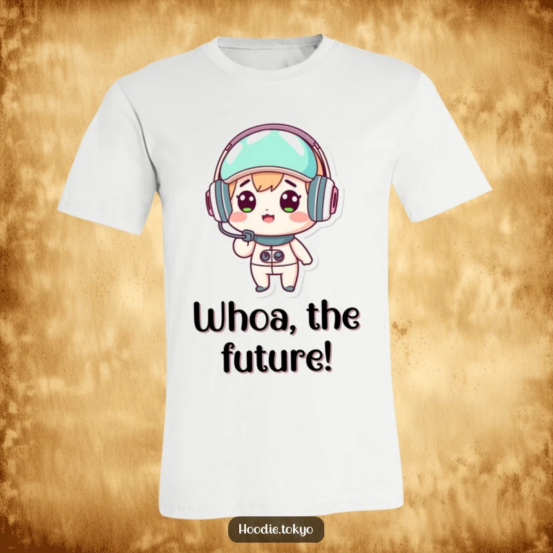 Funny kawaii character t-shirt, surprised expression, wearing a futuristic headset, cute gamer graphic, hilarious apparel.