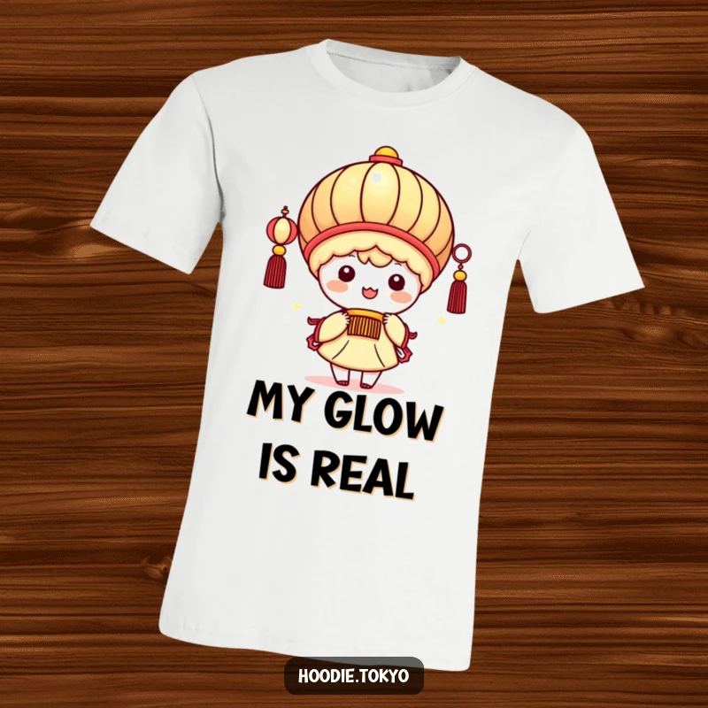 Funny cute kawaii character wearing a giant festive lantern, beaming brightly, spreading light and happiness, a delightful t-shirt design.
