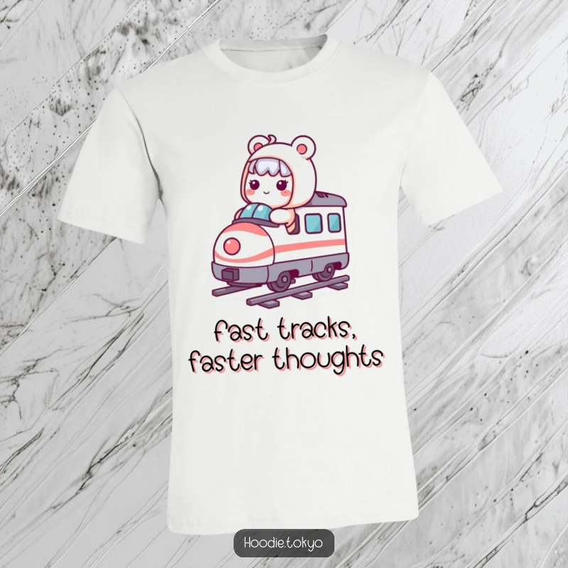 Funny Kawaii character having a blast riding a tiny, whimsical bullet train, expressing pure delight, makes a great tee.