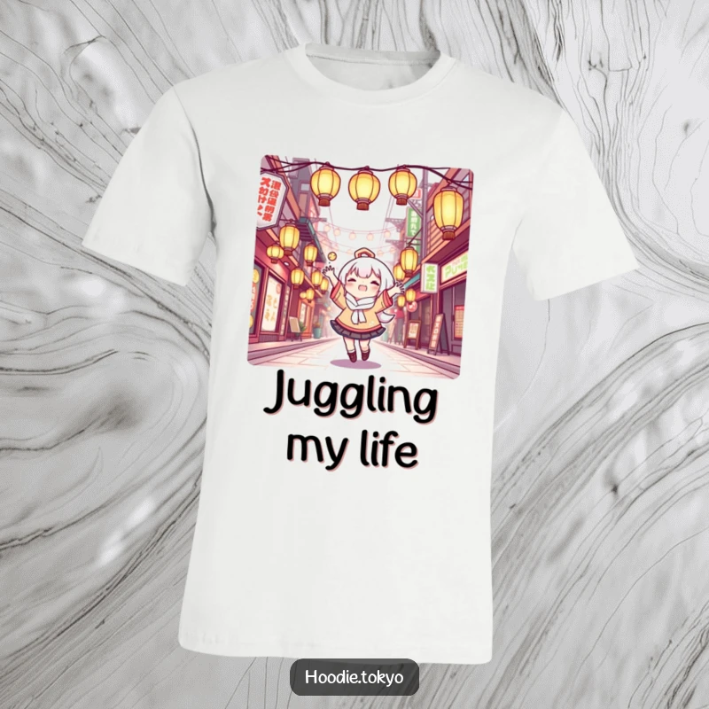 Funny T-Shirt: Amusing Kawaii character juggling glowing lanterns in a Tokyo street, capturing a moment of joyous festivity.