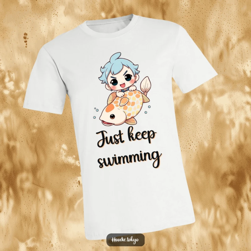 Funny T-Shirt: Character with a determined grin attempts to ride a giant, swimming koi fish, celebrating ambition and humor.