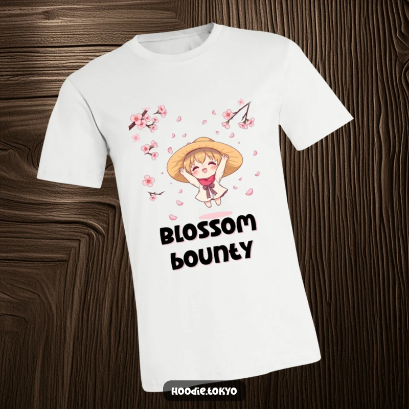 Funny t-shirt featuring a cute kawaii character in a wide-brimmed hat, gleefully catching falling cherry blossom petals, capturing a moment of pure springtime joy.