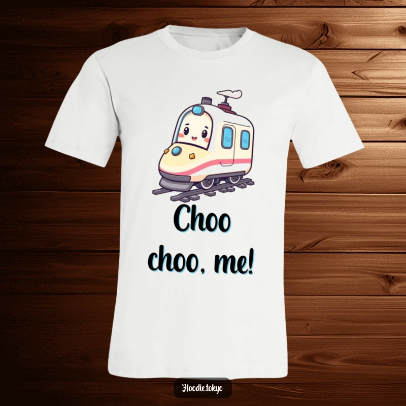 Funny t-shirt depicting a happy character with a playful bounce, riding a miniature bullet train, conveying a sense of joyful motion and adventure.