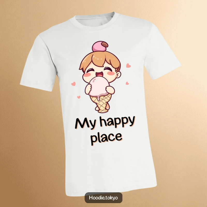 Funny kawaii character t-shirt showing pure bliss while eating a giant ice cream scoop, perfect for sweet treat lovers.
