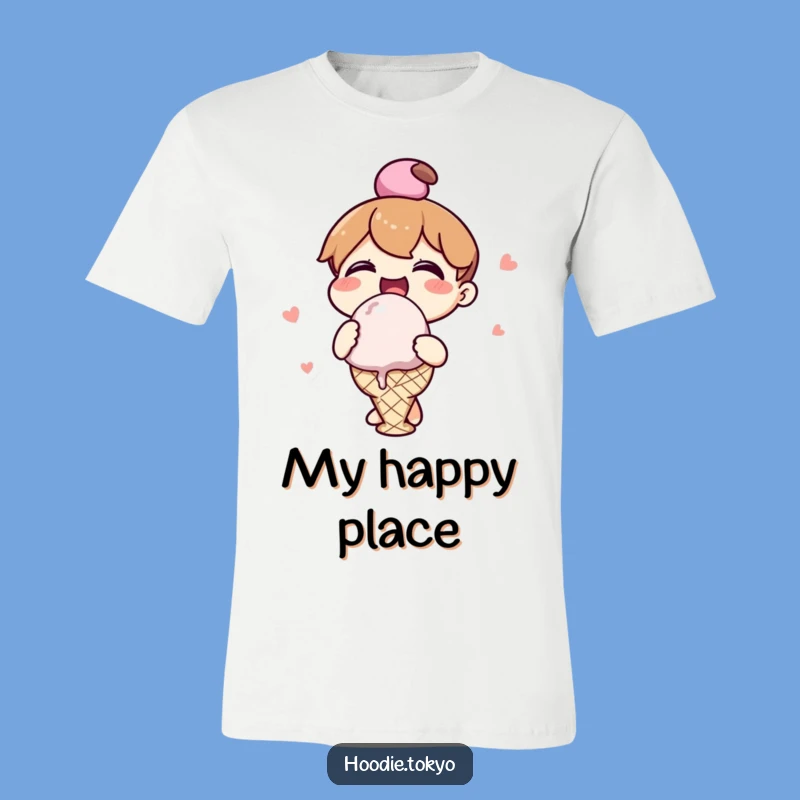 Funny Kawaii Ice Cream Eating T-Shirt - Cheerful Character Joyful Graphic Tee