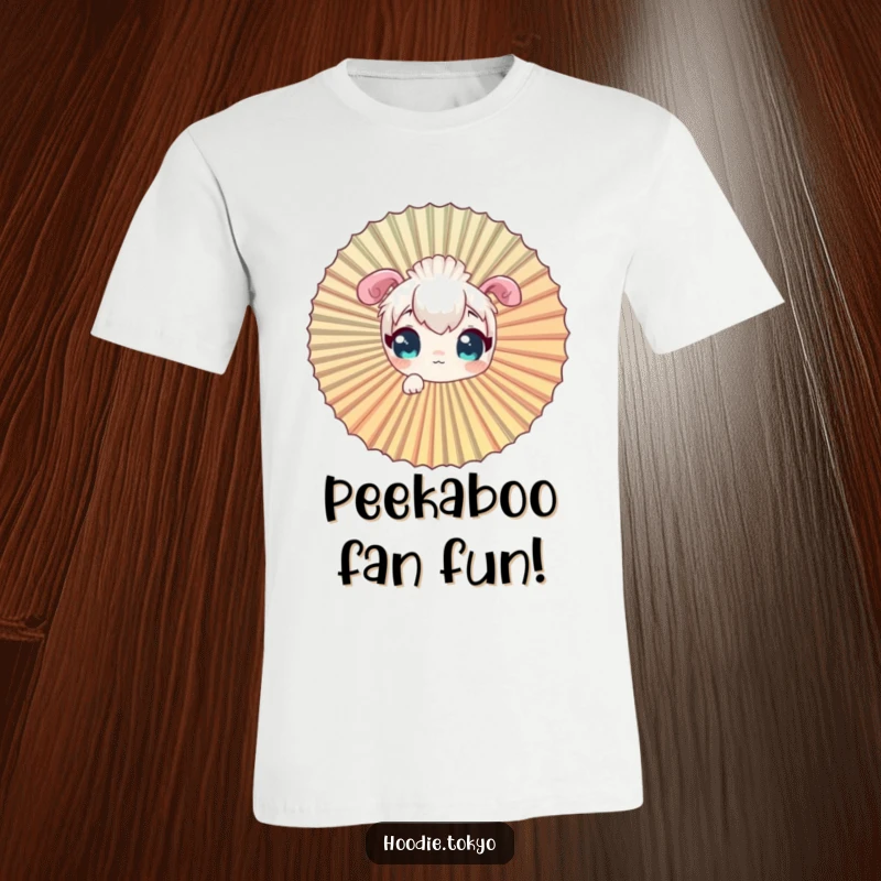 Funny curious character t-shirt, with eyes wide, peering through the openings of a giant fan.
