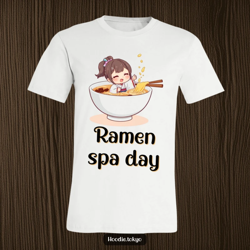 Funny character wearing a small kimono, playfully splashing in a bowl of ramen, a humorous design for food lovers.