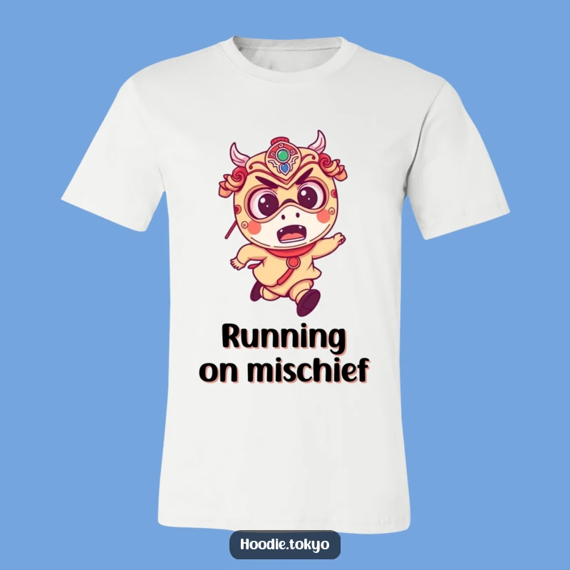 Funny Festival Mask T-Shirt: Mischievous Character's Japanese Running Fun