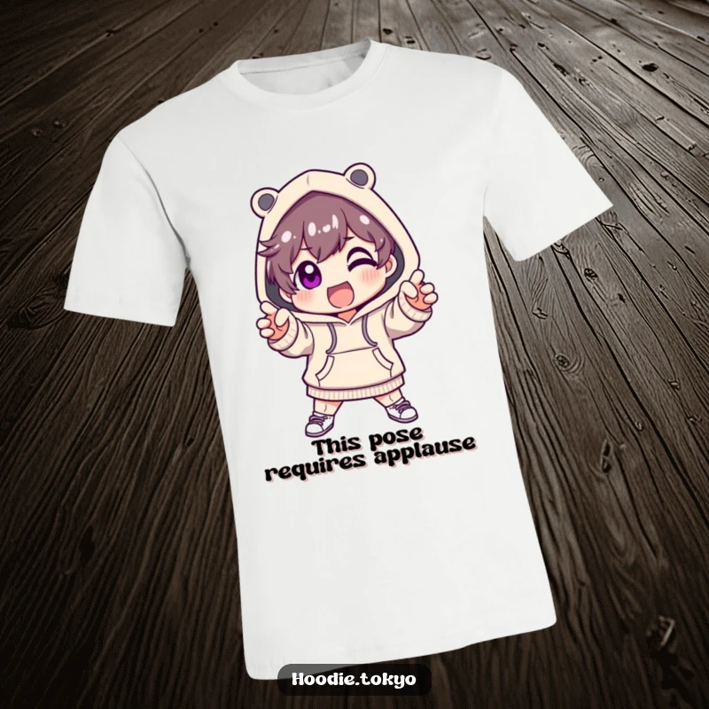 Funny t-shirt of a cute character in a fashionable hoodie, striking a dramatic and excited pose confidently.