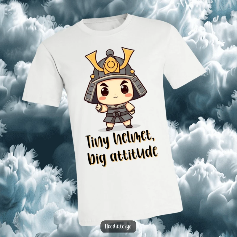 Funny Samurai T-Shirt: A character in a small samurai helmet striking a funny pose, embodying playful courage.