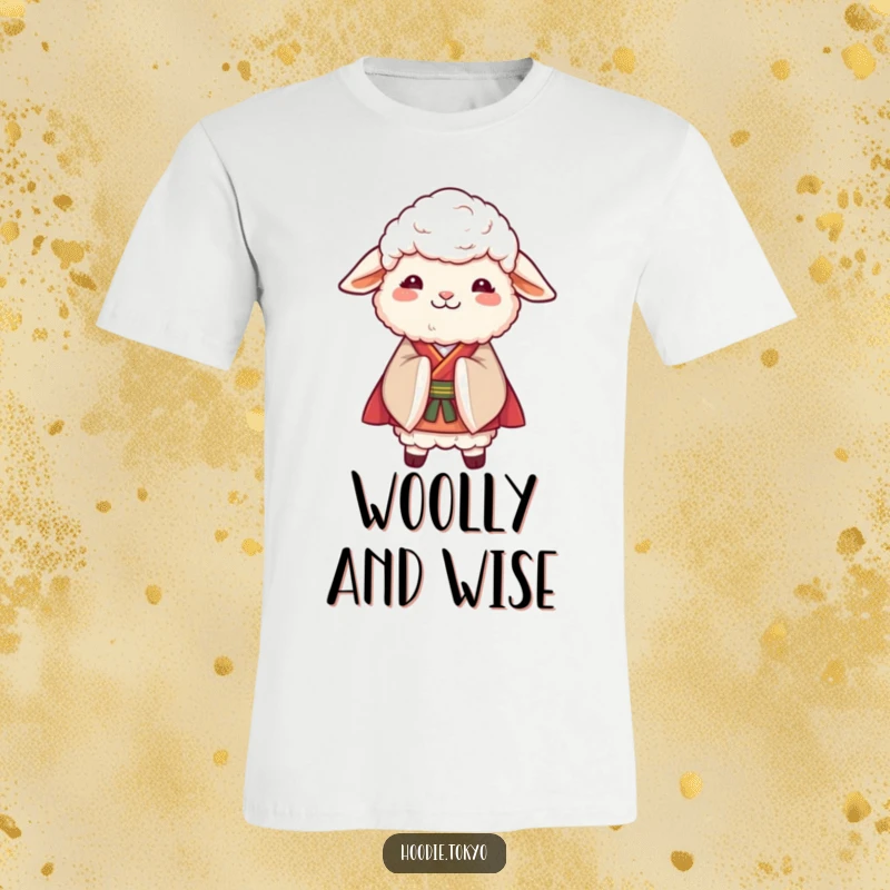 Funny Sheep Kimono T-Shirt: A fluffy sheep elegantly dressed in a kimono performs a graceful bow, exuding charm and humor.