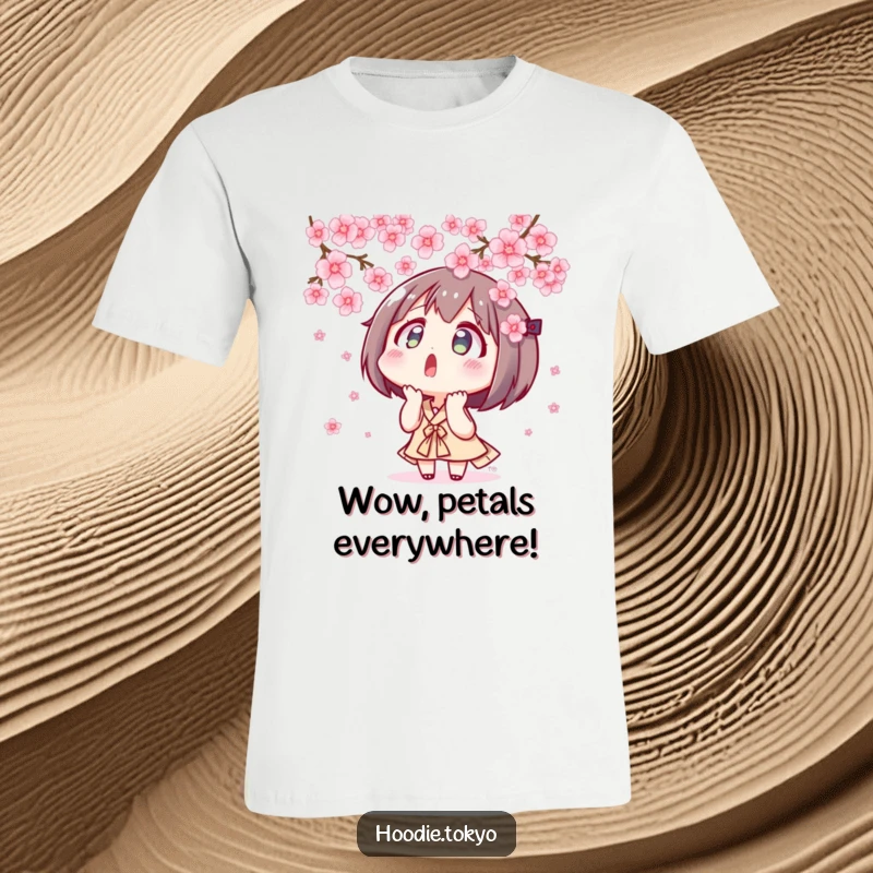Funny surprised Tokyo character gazing upwards at falling cherry blossoms, anime inspired, a beautiful t-shirt design.