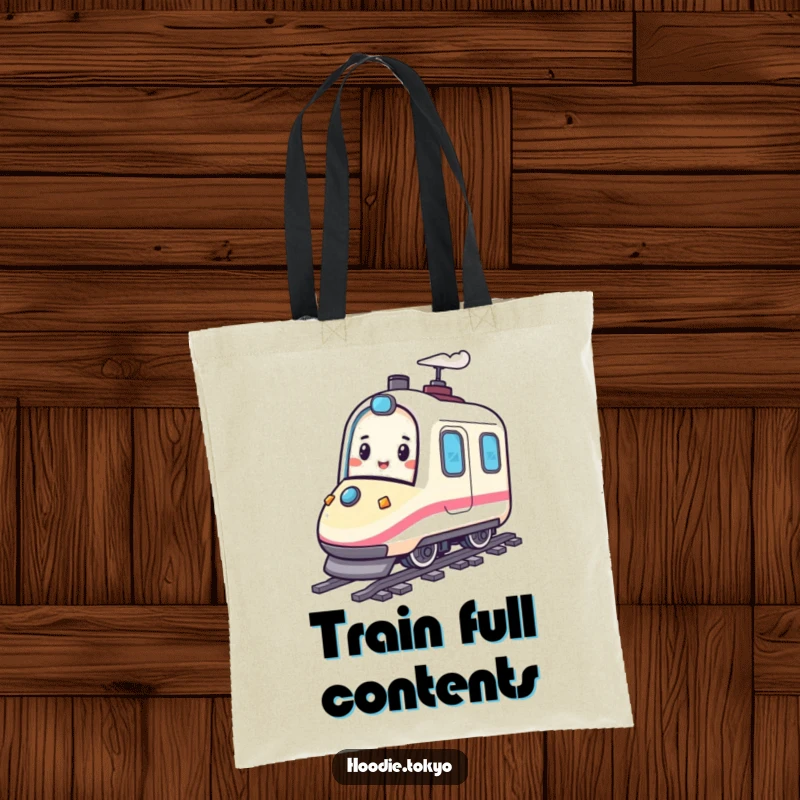 Funny tote bag with a happy character playfully bouncing on a miniature bullet train, perfect for carrying essentials with a sense of speed.