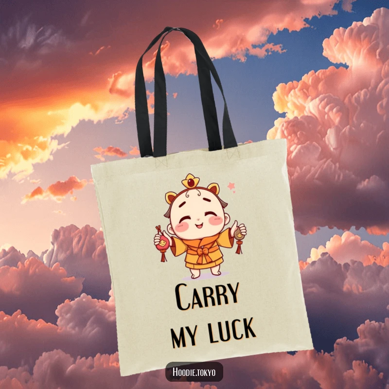 Funny tote bag featuring a playful character with a cheeky grin, juggling colorful omamori charms, perfect for carrying essentials.