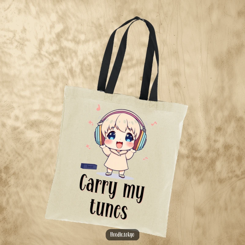 Funny Tote Bag: Character with oversized headphones bops excitedly, perfect for carrying items with a musical vibe.