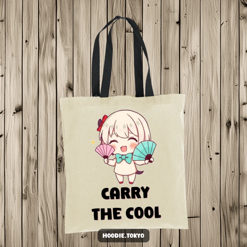 Funny Tote Bag: Character with a cute bow tie waves a fan, perfect for carrying items with dapper flair.