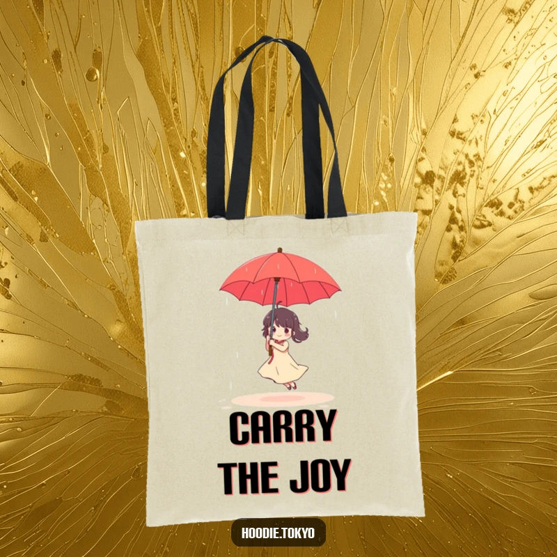Funny Tote Bag: Character dances merrily in the rain under a red umbrella, perfect for carrying items with a cheerful touch.