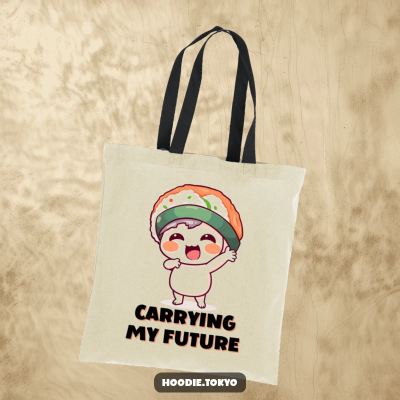 Funny kawaii character in a silly sushi hat, striking a pose on a durable tote bag. A humorous and practical accessory for daily use.