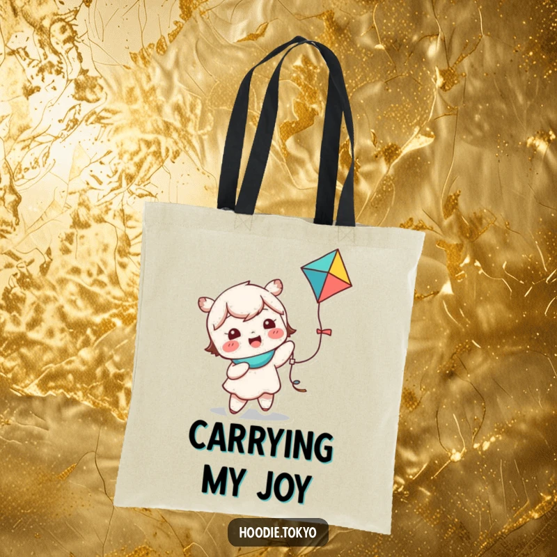 Funny kawaii character tote bag featuring a cute character giggling while holding a colorful kite, perfect for adventurers.