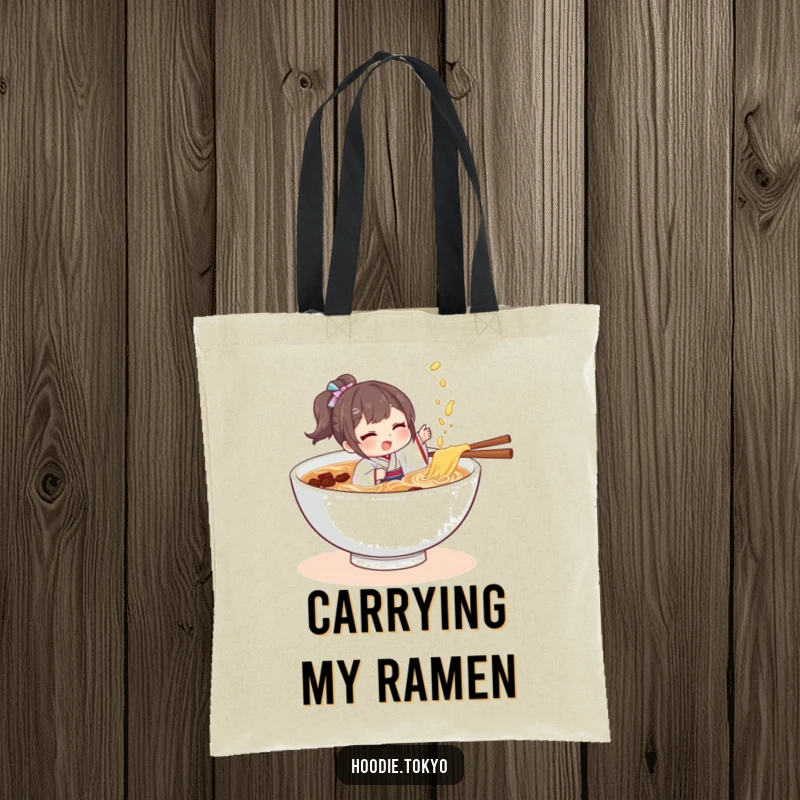 Funny character wearing a small kimono, playfully splashing in a bowl of ramen, a humorous and practical tote bag.