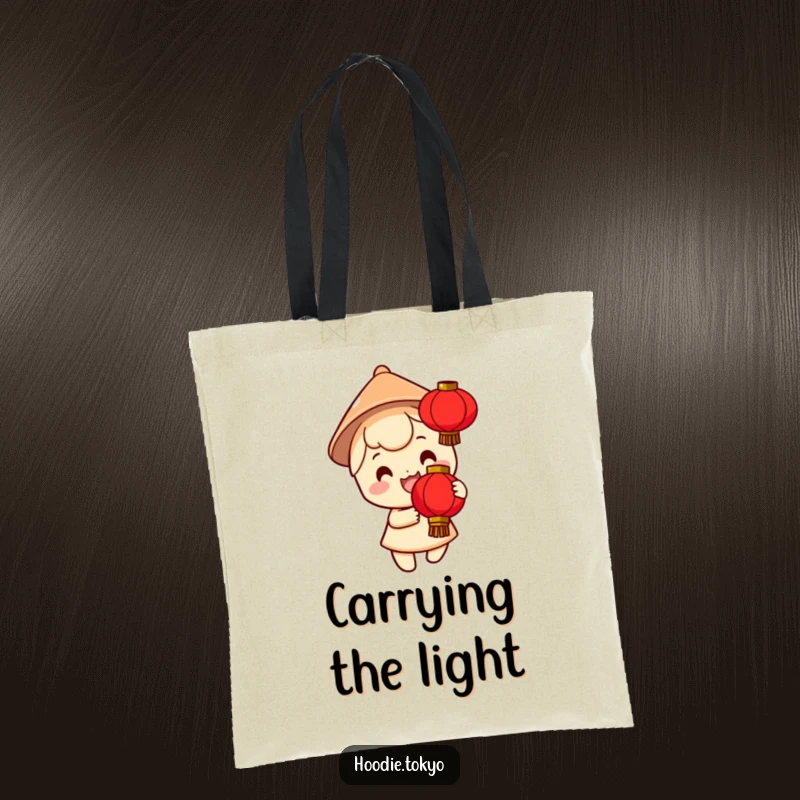 Funny tote bag with a smiling character in a tiny conical hat, holding a bright red lantern, perfect for carrying essentials with festive flair.