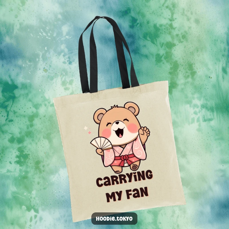 Funny Bear Kimono Tote Bag: A durable tote with a cheerful bear in a kimono waving a fan energetically, ideal for everyday use.