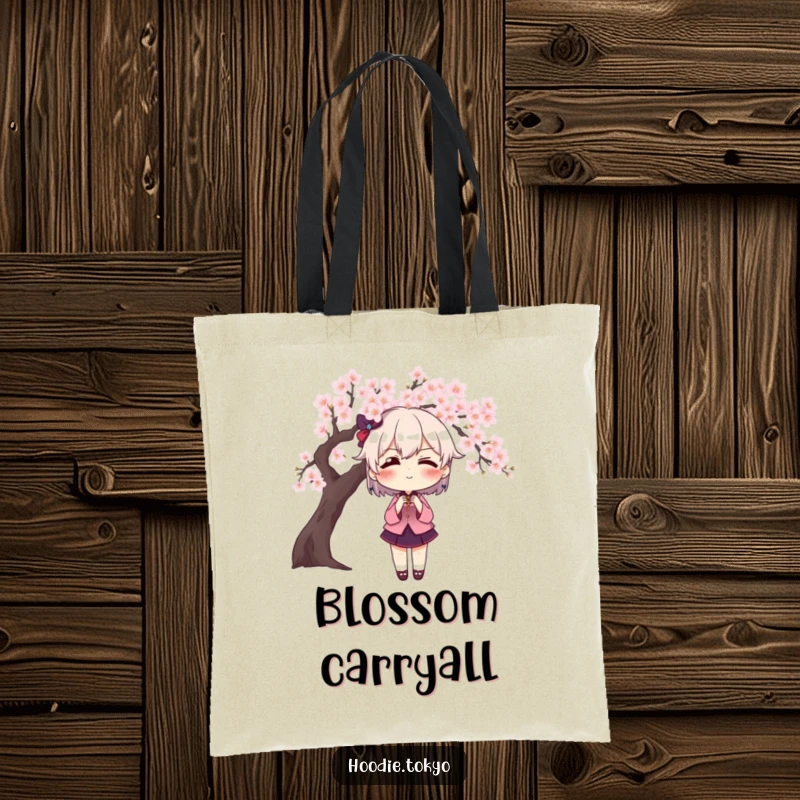 Funny character with exaggerated blush posing dramatically in front of a cherry blossom tree, a humorous and practical tote bag.