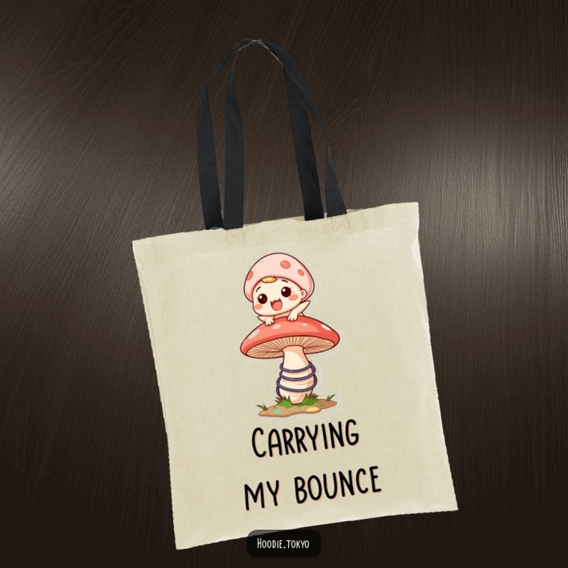 Funny tote bag showing a character with a big grin bouncing on a large, springy mushroom, ideal for carrying items with cheer.