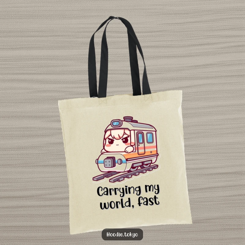 Funny bullet train kawaii tote bag showing a determined character on a speedy miniature train, perfect funny gift.