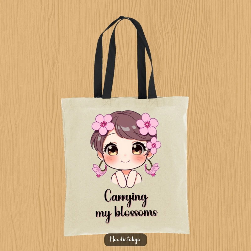 Funny character with oversized cherry blossom earrings and sparkling eyes, a stylish and humorous tote bag.
