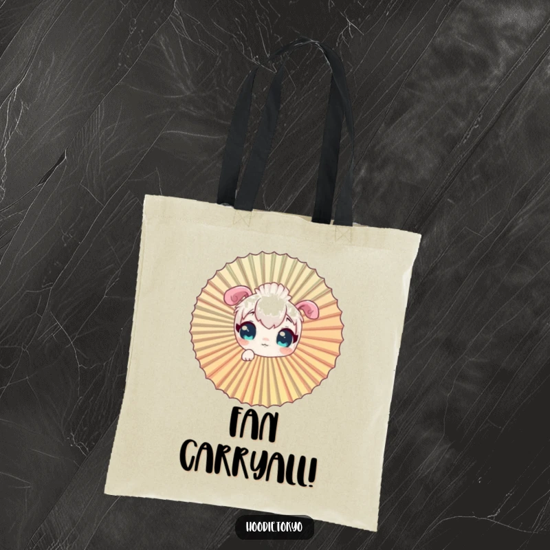 Funny curious character tote bag, depicted peeking through a large, ornate fan.