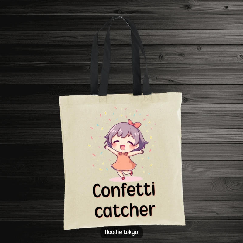 Funny Dancing Confetti Tote Bag with a cute character dancing joyfully under a colorful confetti shower, ideal for errands.