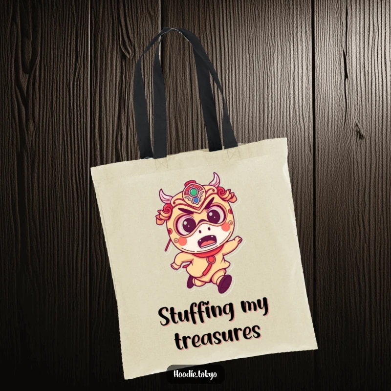 Funny tote bag featuring a small, mischievous character with big, excited eyes, wearing a Japanese festival mask and running.