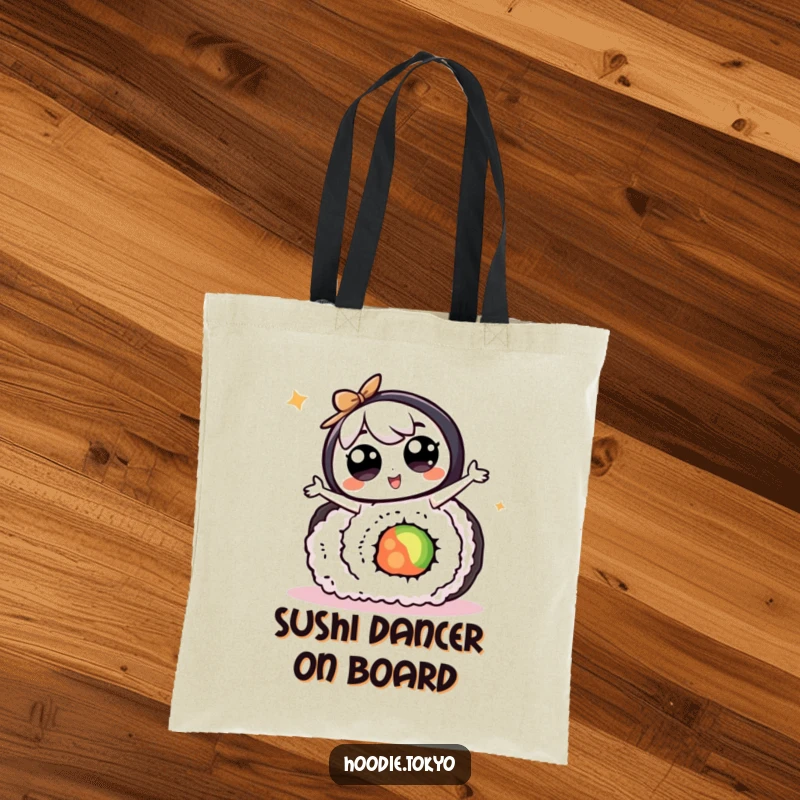 Funny kawaii character with big eyes doing a silly dance on a giant sushi roll, perfect for a humorous and practical tote.