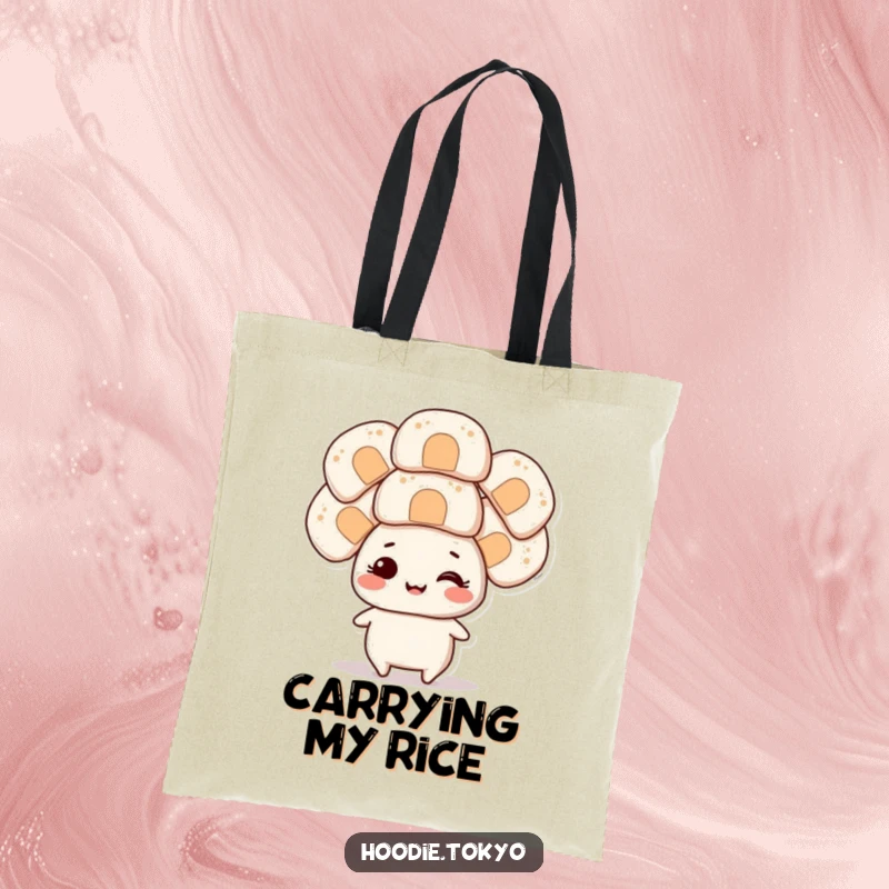 Funny smiling character balancing several oversized onigiri on its head, a humorous and practical tote bag.