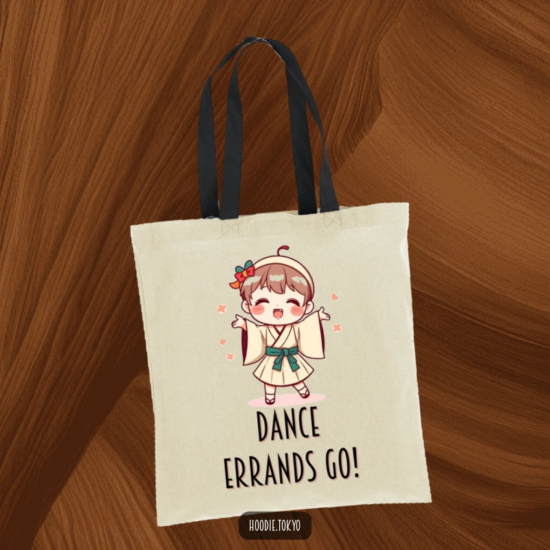 Funny playful Japanese character tote bag, showcasing a silly dance in traditional Japanese clothing.