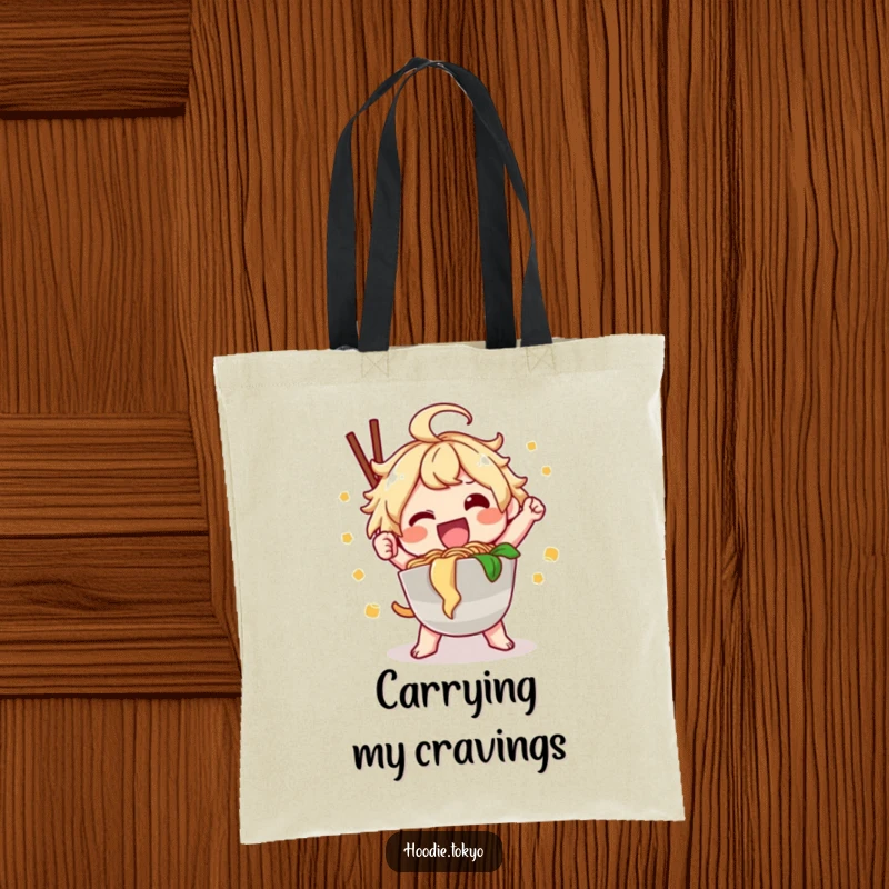 Funny ramen kawaii tote bag with a happy character holding ramen, ideal funny gift.