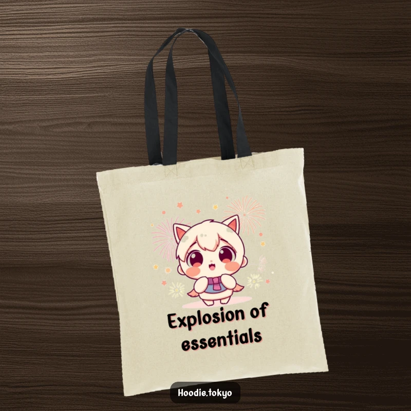 Funny Kawaii character with wide, amazed eyes watching a spectacular fireworks display, perfect for this humorous tote bag.